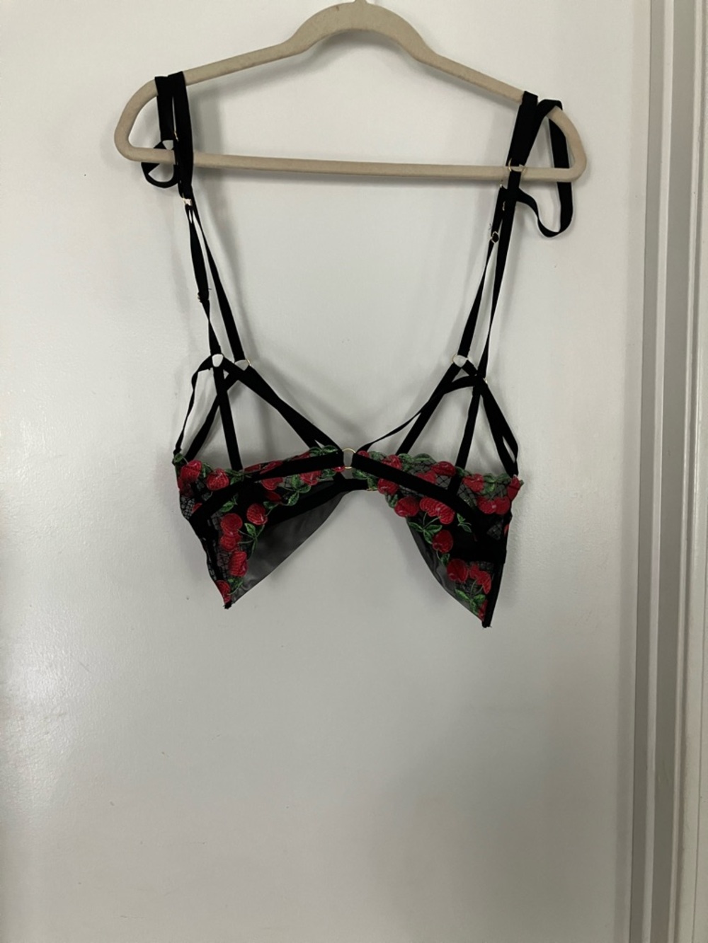 Victoria's Secret Black Sheer Bra with Red Rose Embroidery